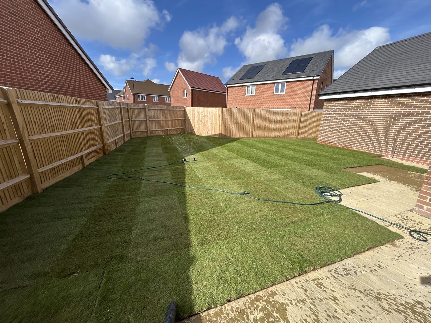 Finished Result: newly laid turf across the rear garden of Plot 270, with a sprinkler running.