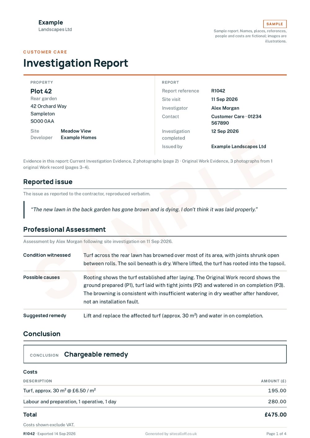 Page 1 of a sample CallOff Investigation Report, R1042, for Plot 42 at Meadow View: property and report details, the reported issue, the professional assessment, the conclusion and costs.