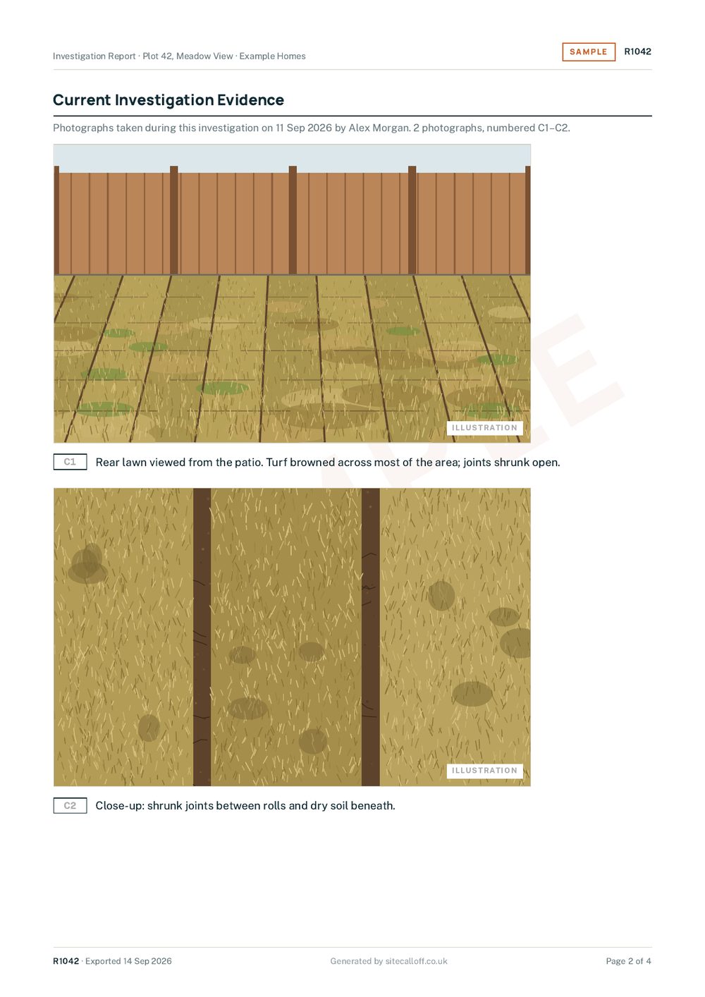 Page 2 of the sample report: Current Investigation Evidence, two numbered photographs of the browned lawn.