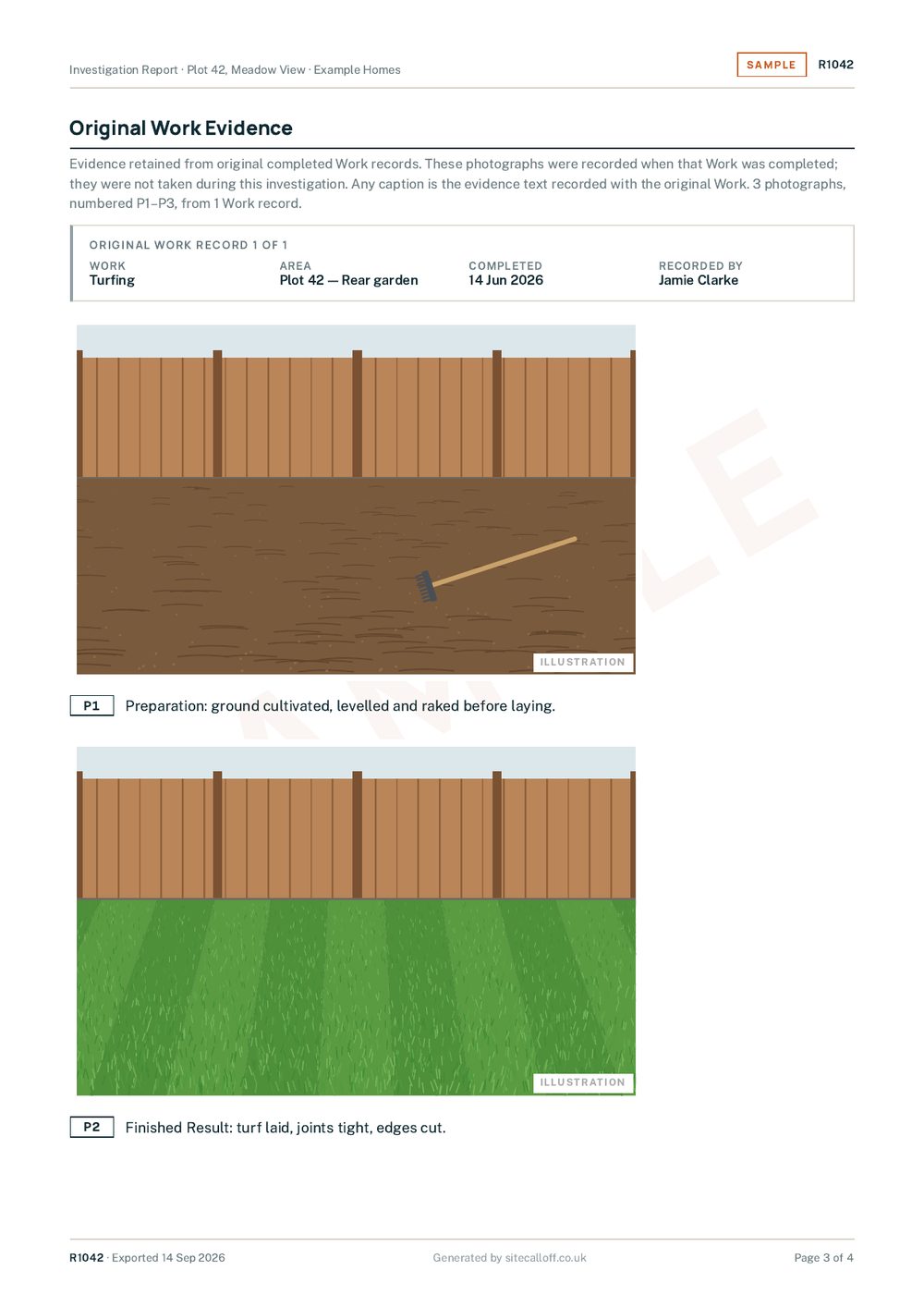 Page 3 of the sample report: Original Work Evidence from the turfing record, photographs of the prepared ground and the newly laid turf.